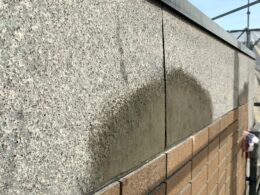 高圧洗浄で石材調塗材が完全にはがれ、段差ができたためセメント系フィラーで不陸調整